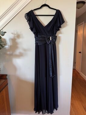 Xscape Navy V-Neck Maxi Dress with Satin Bow and Rhinestone Accent